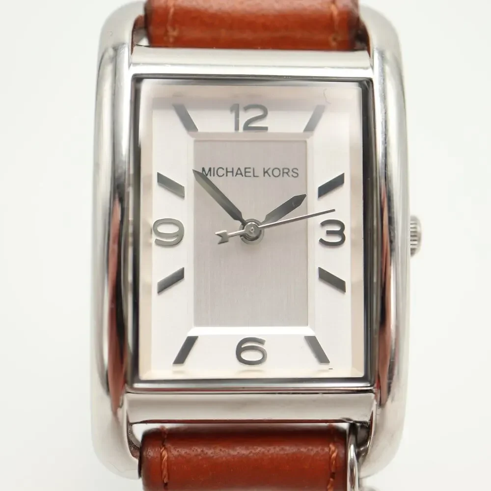 Michael Kors Taylor Tank 26mm Silver Tone Watch Brown Leather w New Battery